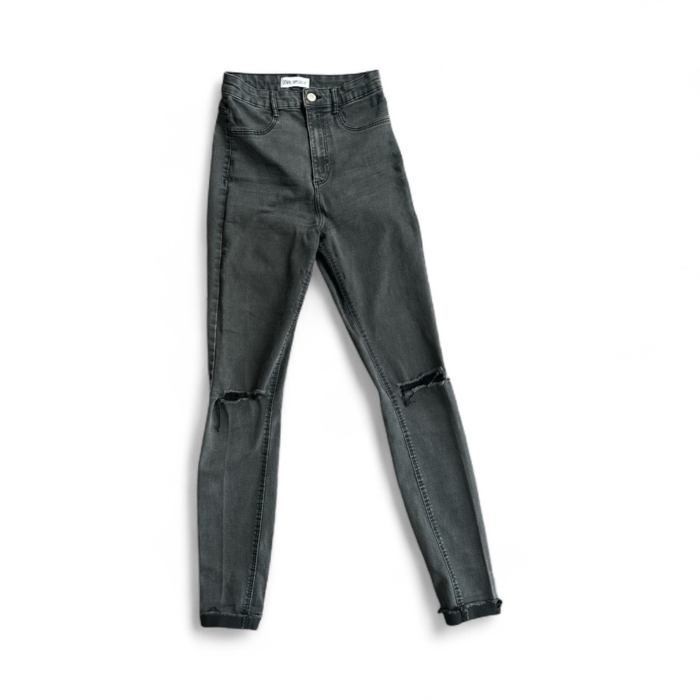 ZARA Woman High Rise Skinny Jeans Gray Distressed Ripped Knees Size 26